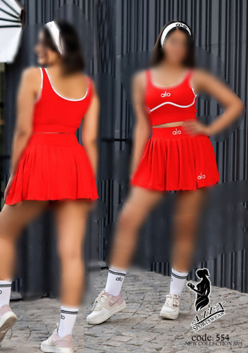 ست چهارتیکه ورزشی نیمتنه کاپدار و دامن با جوراب و هدبند alo